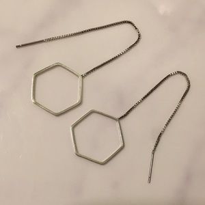 Silver hexagon dangly through the ear earrings